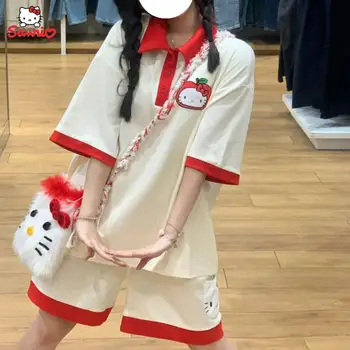 Спортивный костюм Hello Kitty с рисунком аниме Sanrio Hellokitty, вышитые шорты с коротким рукавом, комплект студенческого спортивного костюма из двух предметов в подарок