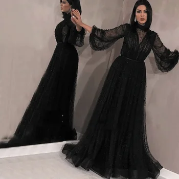 Черные мусульманские вечерние платья с длинными рукавами, Элегантные Саудовские Арабские платья с высоким воротом, Жемчуг, Тюль, Розовый Кафтан, Дубайское вечернее платье для выпускного вечера.