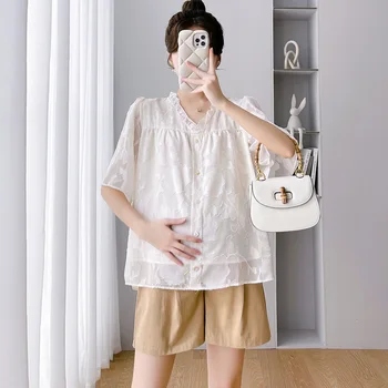 Комплект одежды для милой беременной женщины, Летние рубашки с гофрированным воротником + короткие брюки для живота, комплект шорт для беременных, два размера