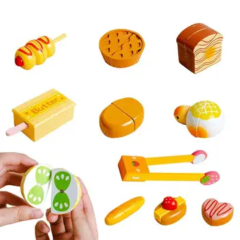 Деревянный игровой набор для еды Деревянные игрушки для ролевых игр Кухонные игрушки для резки хлеба Кухонные игрушки для резки хлеба и тортов Подарок для мальчиков и девочек