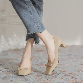 Французские винтажные тонкие туфли 2023, весенняя мода, сладкий бант, толстый каблук с квадратной головкой, Универсальная удобная женская обувь на высоком каблуке