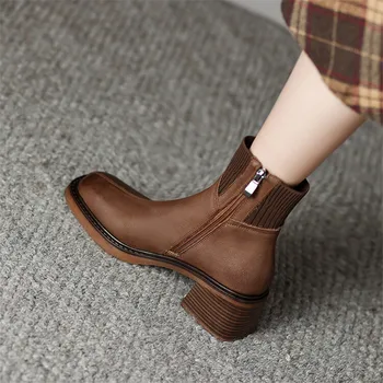 2023 Осенне-зимние женские ботинки из КОРОВЬЕЙ КОЖИ С квадратным носком и на толстом каблуке, Модные ботинки из натуральной кожи, женская обувь ручной работы