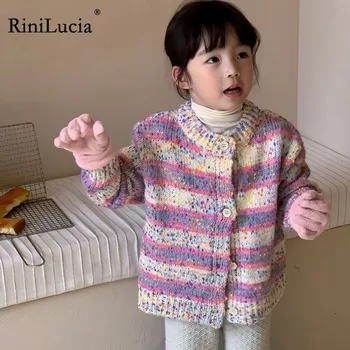 RiniLucia 2023, Осенний кардиган в полоску для девочек, пальто для маленьких девочек, осень-зима, вязаные свитера с круглым вырезом, Одежда, Детский трикотаж