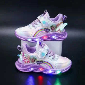 2023 Новые Милые Мультяшные кроссовки для девочек, детская Весенняя сетчатая спортивная обувь со светодиодной подсветкой, детская зимняя теплая обувь с подсветкой