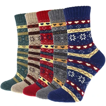 Ретро, 5 пар зимних шерстяных носков для женщин, теплое утолщенное махровое полотенце, Дышащие теплые носки с цветочным рисунком в этническом стиле с любовью