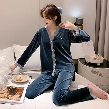 Бархатный женский пижамный костюм из 2 предметов, сексуальный комплект для сна с V-образным вырезом, Осенняя новая велюровая домашняя одежда, Интимное белье, свободная пижама, пижамы