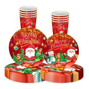 10 гостей Рождественская Одноразовая посуда Тарелки с рисунком Санта-Клауса, Снеговика Лося, Чашки, салфетка, Рождественский декор для дома 2023