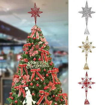 Звезда на верхушке Рождественской елки, сверкающая ярким цветом, Нержавеющий дизайн с отверстиями, 3D украшение на верхушке Рождественской елки