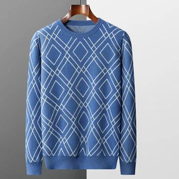 Осенне-зимний Корейский новый мужской бренд из 100% чистой шерсти, холодная блузка, универсальный мягкий свитер с круглым вырезом, клетчатый пуловер