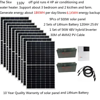 Полная Солнечная Система 5000 Вт 220 В 110 В Солнечная Панель 500 Вт Литиевая Батарея Lifepo4 25,6 В 120AH ИБП Гибридный Инверторный Автономный Источник питания