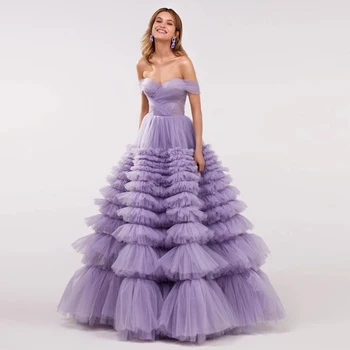 Великолепные платья для выпускного вечера цвета лаванды, многослойный тюль с оборками на плечах, нарядные платья, новейшее свадебное платье из тюля 2022 года, Свадебное платье на заказ