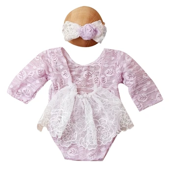 Одежда для фотосессии новорожденных, повязка на голову с кружевным бантом и комбинезон, реквизит для фотосессии