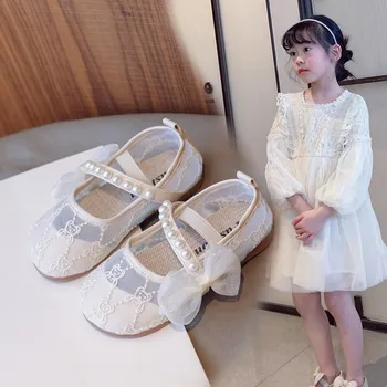 Детская обувь из сетчатого материала для маленьких, средних и Больших детей 2023 года Корейской версии Four Seasons Girl Pearl Cute Bow Tie Single Shoe