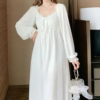 Кружевная ночная рубашка, пижамы, женское ночное платье с оборками в корейском стиле, цельная пижама, осенняя элегантная домашняя одежда белого цвета с длинным рукавом