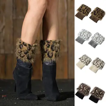 1 Пара носков для ботинок Стильный пушистый леопардовый принт, вязаные крючком манжеты для ботинок, верхушки носков для зимы