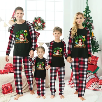 Семейные пижамы в тон Рождеству, Июльский Снеговик, Черные Пижамные комплекты с длинными рукавами.