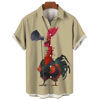 Гавайская мужская рубашка 2023 года, летний топ с веселым принтом цыпленка, короткий рукав, Повседневная одежда для отдыха на море, повседневная одежда на один раз