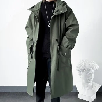 Повседневное Корейское модное мужское пальто средней длины в весенне-осеннем стиле с капюшоном, рубашки ropa clothing для мужчин