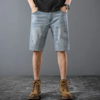 Летняя мода 2023 года, красивое Персонализированное сращивание с рваными джинсовыми шортами в стиле ретро, джинсовые шорты длиной до колен, брюки-карго для мужчин
