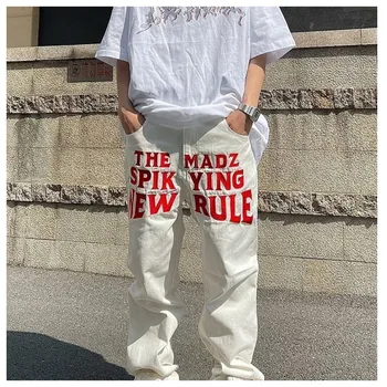 Белые джинсы с буквенным принтом American Street в стиле Хип-хоп, Панк, Повседневные Универсальные Свободные брюки