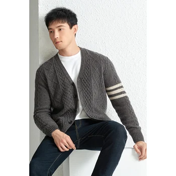 [100% шерсть] Вязаный кардиган, осенне-зимний утолщенный мужской шерстяной свитер корейской версии, модная повседневная теплая вязаная куртка