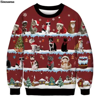 Мужчины Женщины В канун Нового года, Уродливый рождественский свитер, пуловер, Безвкусные рождественские джемперы, топы, толстовка для праздничной вечеринки с 3D рождественским принтом кота