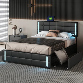 Обитая кровать на платформе со светодиодной подсветкой и USB-зарядкой, кровать для хранения с 4 выдвижными ящиками, черная