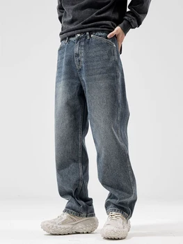 Винтажные выстиранные Старые джинсы Для мужчин, осень-зима, Новые Свободные Прямые джинсовые брюки на молнии с несколькими карманами, повседневные универсальные брюки большого размера