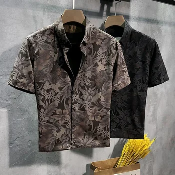 Летняя мужская рубашка с короткими рукавами, приталенная корейская трендовая повседневная рубашка с короткими рукавами и цветочным рисунком, рубашки ropa clothing для мужчин