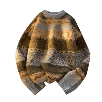 Свитер для мужчин в полоску, ретро, осень-зима, винтажный свитер с круглым вырезом, приталенный однотонный топ, вязаный свитер, свитера
