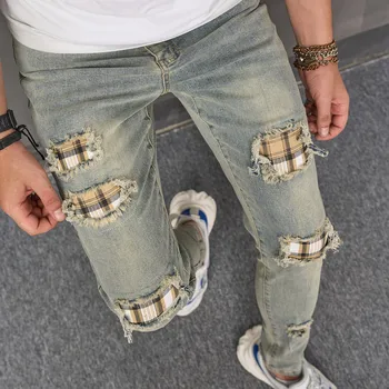 2023 Новая мужская уличная одежда, узкие джинсовые брюки с рваными нашивками, Стильные мужские повседневные джинсовые брюки-карандаш с дырками.