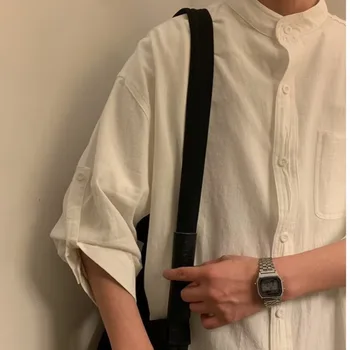 Японские однотонные мужские рубашки Harajuku, летняя мода, Свободная удобная рубашка с рукавом три четверти, простые уличные топы
