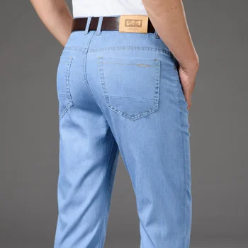 Мужские джинсы Летняя одежда Прямые стрейчевые джинсовые брюки с высокой талией, облегающие светло-голубые джинсы в стиле ретро, легкие джинсовые брюки для мужчин