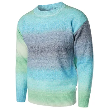 Новый мужской свитер с круглым вырезом, пуловер, нижняя рубашка, трикотажные топы в градиентную полоску с цветными блоками, мужская одежда