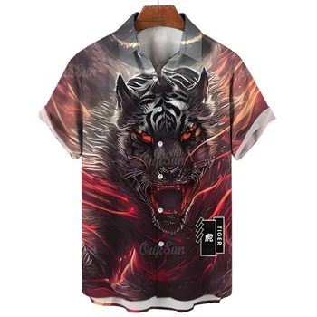 Новая Гавайская рубашка для мужчин, модная одежда с коротким рукавом, рубашки с 3D тигровым принтом и рисунком Волка, Негабаритные Свободные топы, Мужские блузки