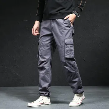 Тонкие хлопчатобумажные мужские свободные брюки-карго с несколькими карманами, весенне-осенний стиль брюк, Тип талии, Тип ткани, Тип посадки