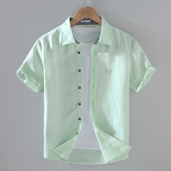 Простые льняные мужские рубашки с короткими рукавами, летние Модные дышащие рубашки свободного кроя, однотонный влагоотводящий топ со средними рукавами