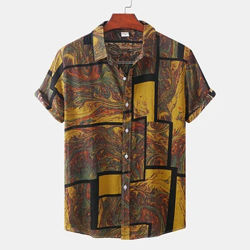 Гавайская мужская рубашка с коротким рукавом, повседневная рубашка с принтом тропических растений, пляжная летняя одежда Aloha