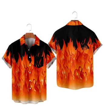 Новое поступление, повседневные рубашки Y2k на пуговицах, мужские рубашки в стиле пламени, Harajuku, Цветная рубашка с отложным воротником, уличная рубашка с коротким рукавом на открытом воздухе