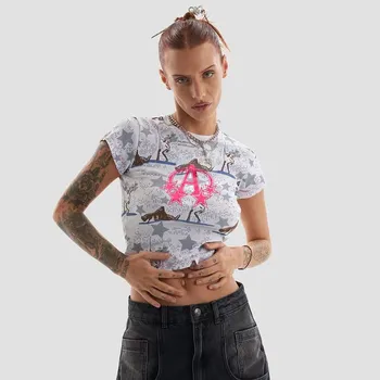 Летняя женская одежда Y2k, готический укороченный топ, футболки, креативные граффити 2000-х, пентаграмма, уличный принт, футболка с коротким рукавом, универсальный топ