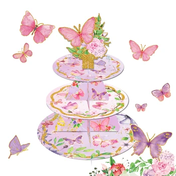 3-Уровневый Мультяшный Весенний стенд с бабочкой и цветочным тортом, украшение для вечеринки в честь дня рождения, украшение для вечеринки в честь дня рождения, стойка для десертных тортов для вечеринки в душе ребенка