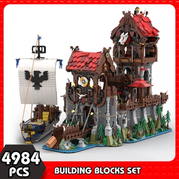 MOC Средневековая архитектура, упакованный в волчью оболочку замок, башня, корабль, набор строительных блоков, игра высокой сложности, Пиратский дом, кирпичи, детская игрушка