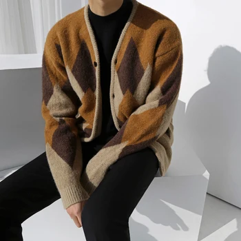 2023 Шерстяной свитер контрастного цвета, куртка, мужской кардиган с V-образным вырезом, Осень-зима, Новый топ, Повседневные базовые Универсальные свитера Z121