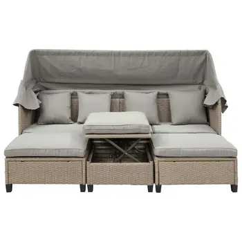 Плетеный диван для патио из устойчивой к ультрафиолетовому излучению смолы с выдвижными подушками для балдахина, Поднимающийся садовый стул, стол Коричневый