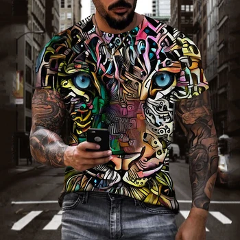 2023 Новая мужская футболка большого размера с цифровым 3D принтом с тигром и леопардом, повседневная рубашка с коротким рукавом