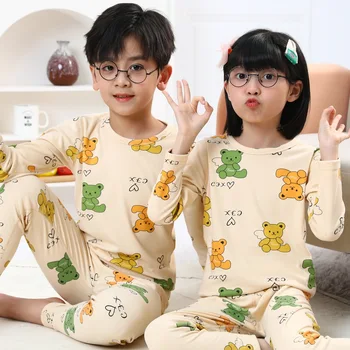 Осенние детские пижамы хлопчатобумажные пижамы для девочек и мальчиков, комплект детского нижнего белья, пижамные комплекты с медведями и животными, детская одежда, топы и брюки из 2 предметов