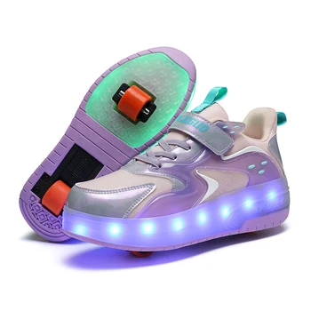 Детская обувь для катания на коньках, Спортивные кроссовки для скейтборда, USB-зарядка, Светящиеся Двойные колеса, Роликовые коньки, Кроссовки для девочек, Новая детская обувь для настольных игр