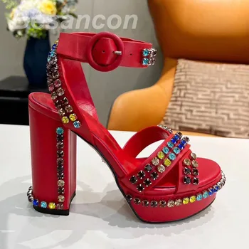 Женские босоножки BESANCON на сверхвысоком каблуке, Водонепроницаемая платформа, Классическая модная дизайнерская обувь ручной работы с бриллиантами, прошитая вручную