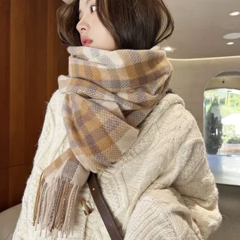 2023 Новый утолщенный шарф, Южная Корея, Милый и теплый шарф из искусственного кашемира, Клетчатая шаль на шее