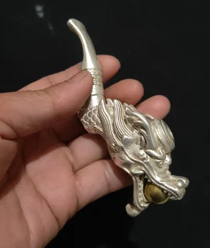 Коллекционная благородная медная старинная тибетская серебряная резная статуэтка головы дракона, курительная трубка